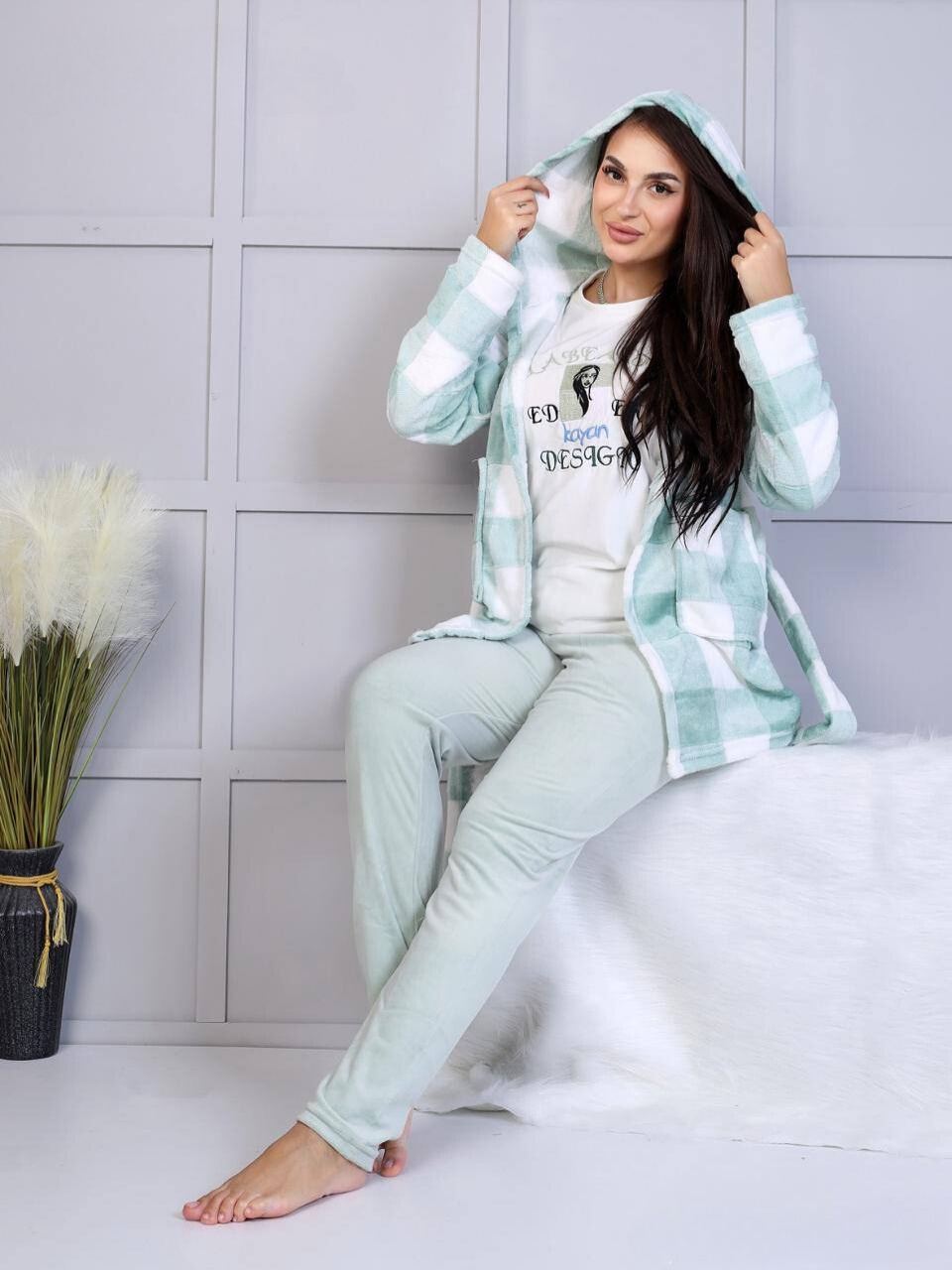 Plaid Hooded Loungewear Set with Cozy Pants - Mint Green