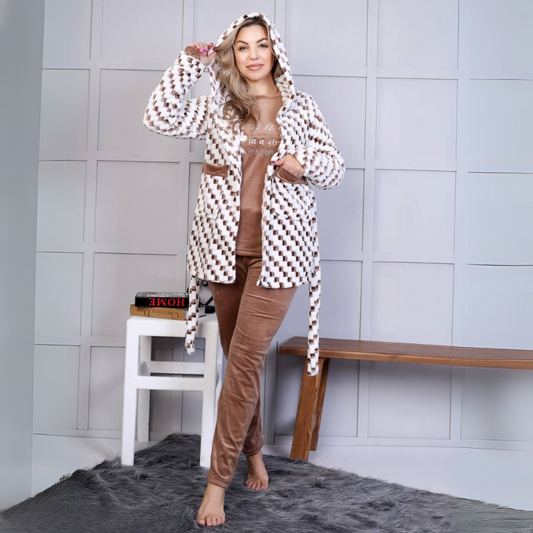 Striped Lounge Set with Belted Cardigan - Brown