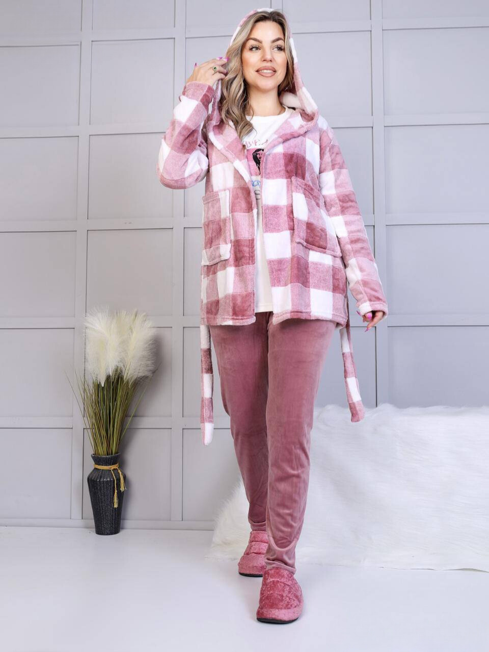 Plaid Hooded Loungewear Set with Cozy Pants - Pink