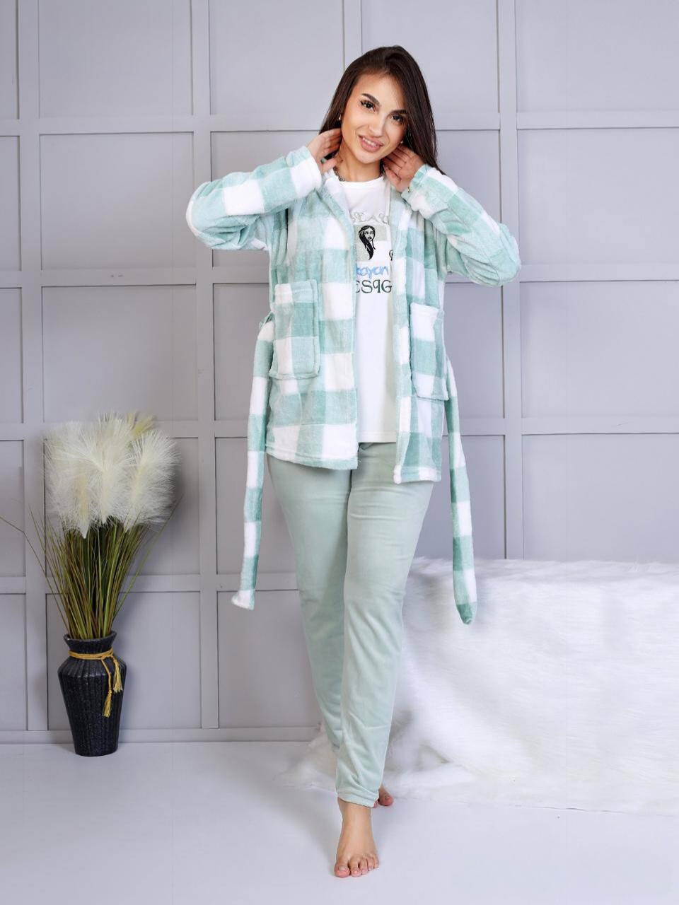 Plaid Hooded Loungewear Set with Cozy Pants - Mint Green