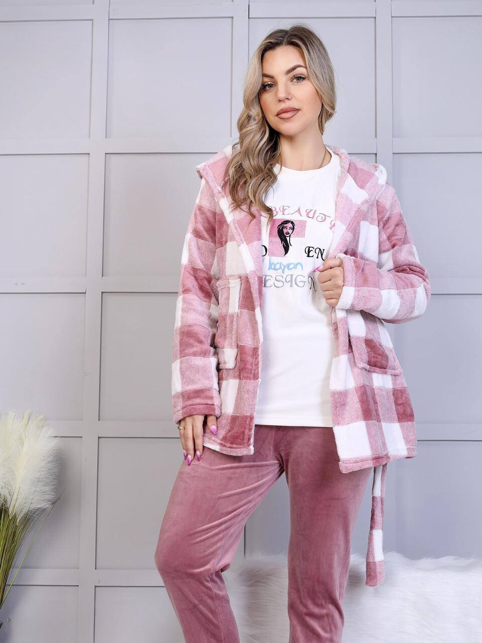 Plaid Hooded Loungewear Set with Cozy Pants - Pink