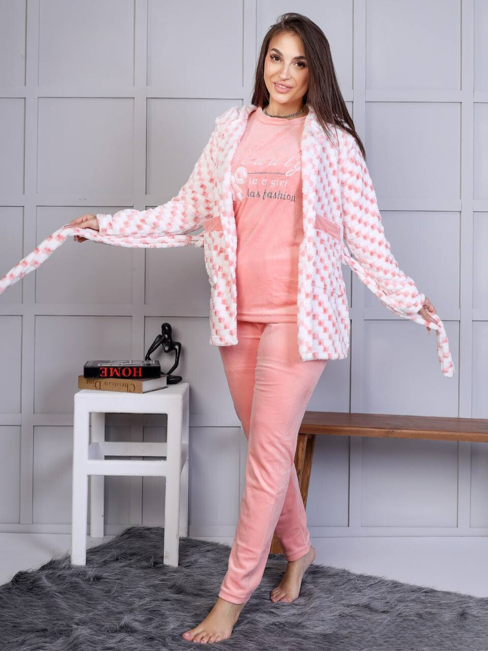 Striped Lounge Set with Belted Cardigan - Orange